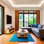 **Image:** A modern Thai home interior after renovation, showcasing energy-efficient features. Focus on bright, natural light through insulated windows, LED lighting fixtures, and a smart thermostat on the wall. The overall ambiance should be comfortable and inviting, emphasizing energy savings.