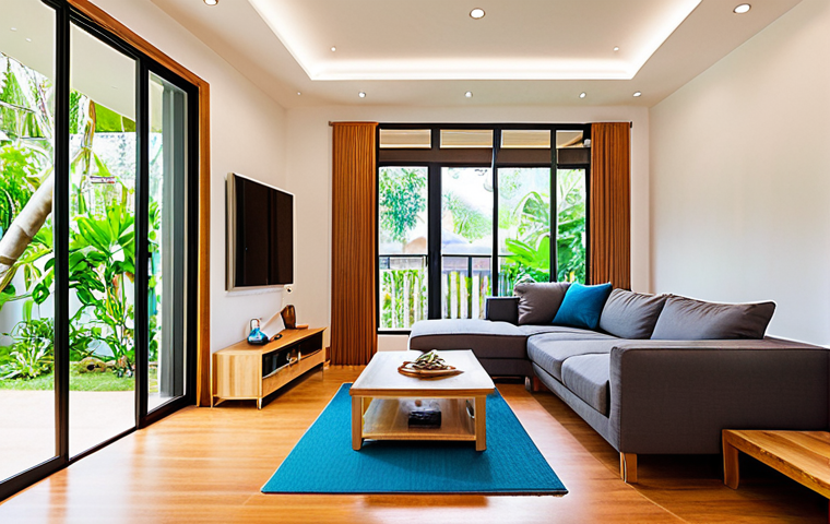 **Image:** A modern Thai home interior after renovation, showcasing energy-efficient features. Focus on bright, natural light through insulated windows, LED lighting fixtures, and a smart thermostat on the wall. The overall ambiance should be comfortable and inviting, emphasizing energy savings.