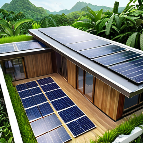 **Prompt:** A modern Thai house design integrating solar panels on the roof, lush vertical gardens on the walls, and rainwater harvesting system, showcasing sustainable living in a tropical environment. Emphasis on green energy and water conservation.
