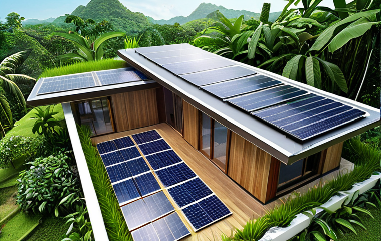 **Prompt:** A modern Thai house design integrating solar panels on the roof, lush vertical gardens on the walls, and rainwater harvesting system, showcasing sustainable living in a tropical environment. Emphasis on green energy and water conservation.