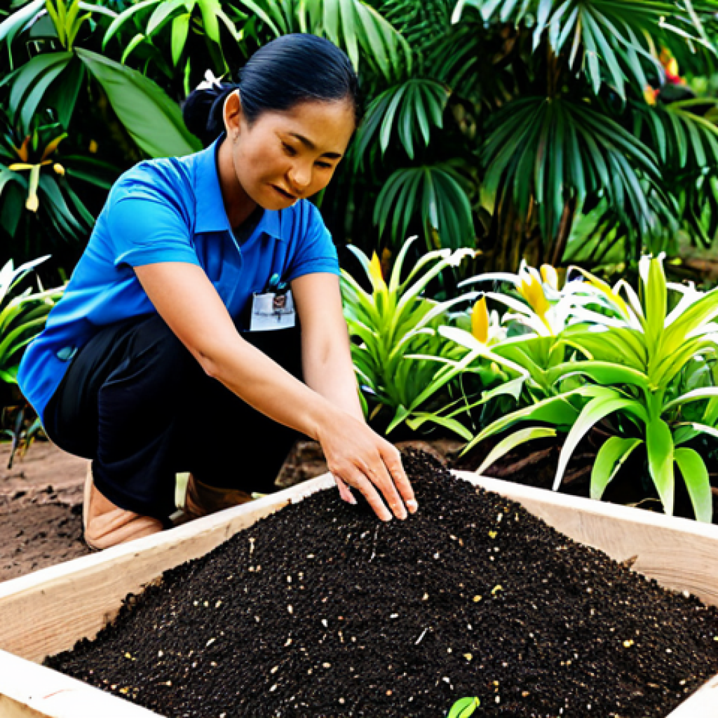 A professional Thai gardener, wearing modest, practical work attire, is gently sifting rich, dark compost through their fingers, showcasing the healthy, living soil. In the background, a vibrant and sustainable garden flourishes under the warm Thai sun, featuring native plants such as Leelawadee (Plumeria) and fragrant Phut (Gardenia) in full bloom. A well-organized, active compost pile is visible in the distance, indicating diligent garden care. The scene radiates a sense of tranquility and a deep connection to nature. fully clothed, appropriate attire, safe for work, perfect anatomy, correct proportions, natural pose, well-formed hands, proper finger count, natural body proportions, professional photography, high quality, family-friendly content.
