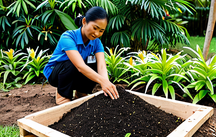 A professional Thai gardener, wearing modest, practical work attire, is gently sifting rich, dark compost through their fingers, showcasing the healthy, living soil. In the background, a vibrant and sustainable garden flourishes under the warm Thai sun, featuring native plants such as Leelawadee (Plumeria) and fragrant Phut (Gardenia) in full bloom. A well-organized, active compost pile is visible in the distance, indicating diligent garden care. The scene radiates a sense of tranquility and a deep connection to nature. fully clothed, appropriate attire, safe for work, perfect anatomy, correct proportions, natural pose, well-formed hands, proper finger count, natural body proportions, professional photography, high quality, family-friendly content.