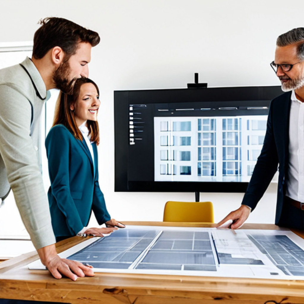 A group of professional architects and homeowners, fully clothed in modest business attire, are collaboratively reviewing sustainable renovation blueprints on a large digital screen in a bright, modern design studio. Eco-friendly material samples like bamboo flooring and recycled wood panels are visible on a table. The atmosphere is collaborative and focused. Perfect anatomy, correct proportions, natural pose, well-formed hands, proper finger count, natural body proportions. Professional photography, high quality, safe for work, appropriate content, fully clothed, professional.