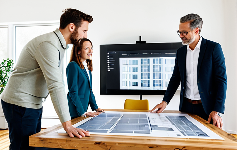 A group of professional architects and homeowners, fully clothed in modest business attire, are collaboratively reviewing sustainable renovation blueprints on a large digital screen in a bright, modern design studio. Eco-friendly material samples like bamboo flooring and recycled wood panels are visible on a table. The atmosphere is collaborative and focused. Perfect anatomy, correct proportions, natural pose, well-formed hands, proper finger count, natural body proportions. Professional photography, high quality, safe for work, appropriate content, fully clothed, professional.