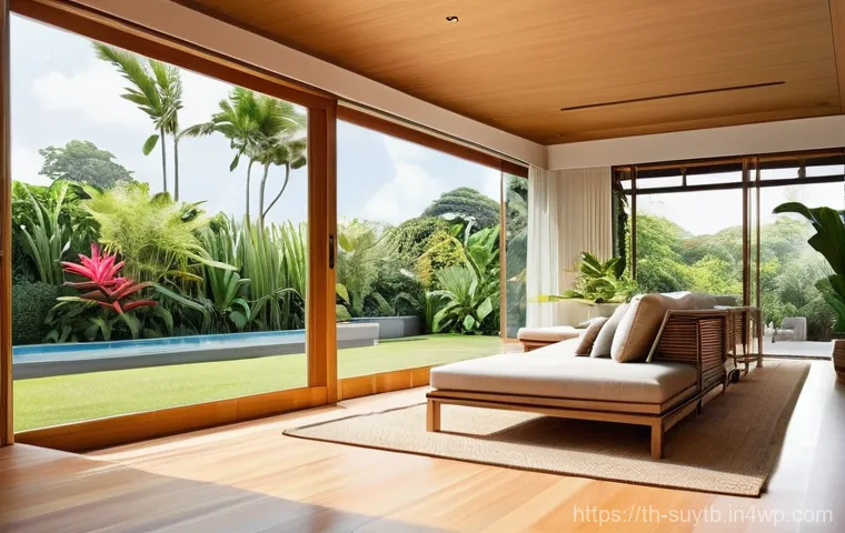 생태 건축의 개념 및 적용 사례 - **Prompt 1: Modern Tropical Sanctuary with Natural Ventilation**
A bright, airy, modern Thai hom...