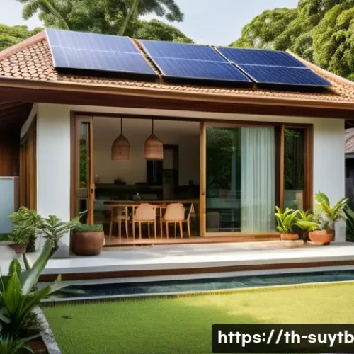 Home 29 리노베이션으로 인한 사회적 책임과 역할 - A modern sustainable home renovation scene in a tropical Thai urban neighborhood, featuring eco-frie...