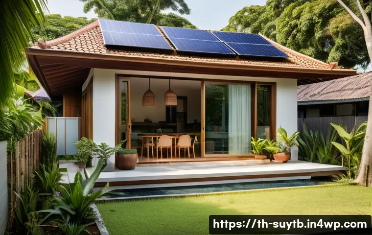리노베이션으로 인한 사회적 책임과 역할 - A modern sustainable home renovation scene in a tropical Thai urban neighborhood, featuring eco-frie...