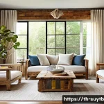 Home 16 친환경 인테리어 디자인 트렌드 - A cozy living room interior featuring recycled wood flooring and accent walls made from reclaimed ti...