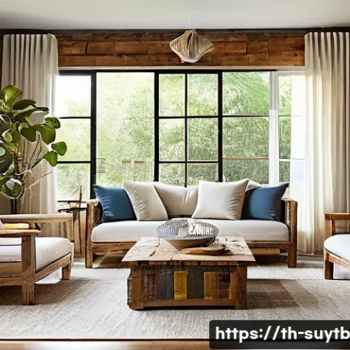 Home 28 친환경 인테리어 디자인 트렌드 - A cozy living room interior featuring recycled wood flooring and accent walls made from reclaimed ti...