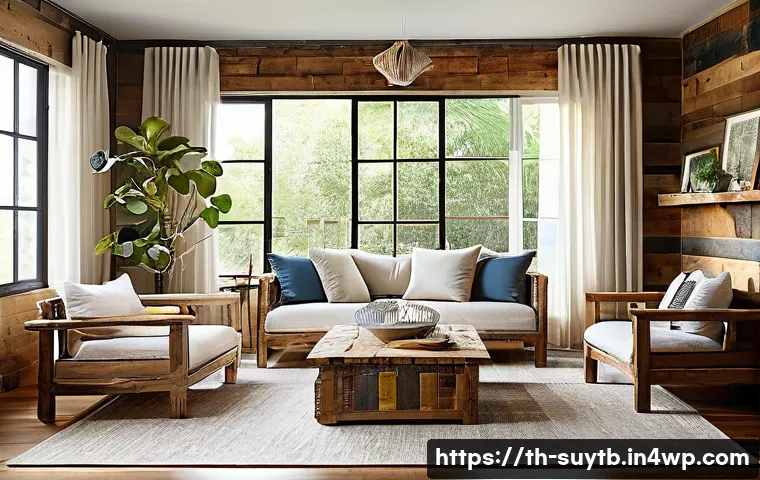 친환경 인테리어 디자인 트렌드 - A cozy living room interior featuring recycled wood flooring and accent walls made from reclaimed ti...