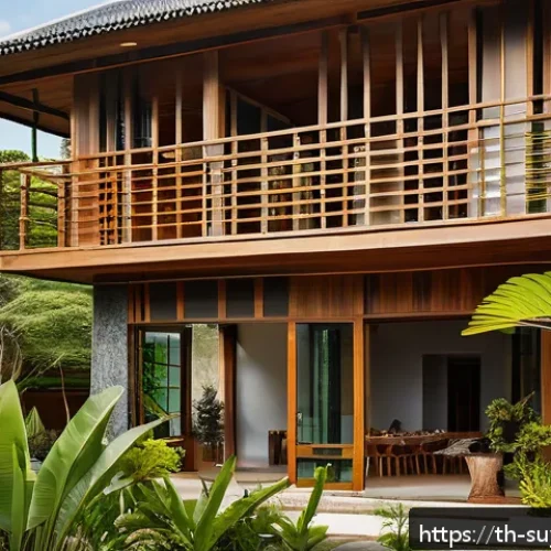 Home 15 리노베이션과 지속 가능성 관련 성공 사례 분석 - A modern Thai home renovation scene showcasing eco-friendly construction materials: sustainable recl...