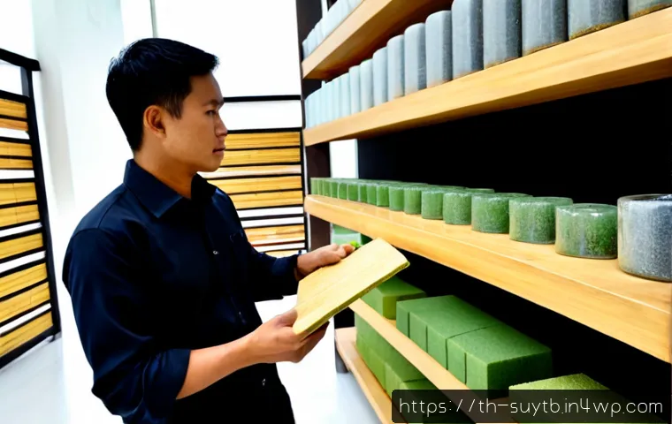 Home 17 녹색 인증을 받은 건축 자재 리스트 - Photorealistic sustainable building materials display in a bright modern Thai architectural showroom...